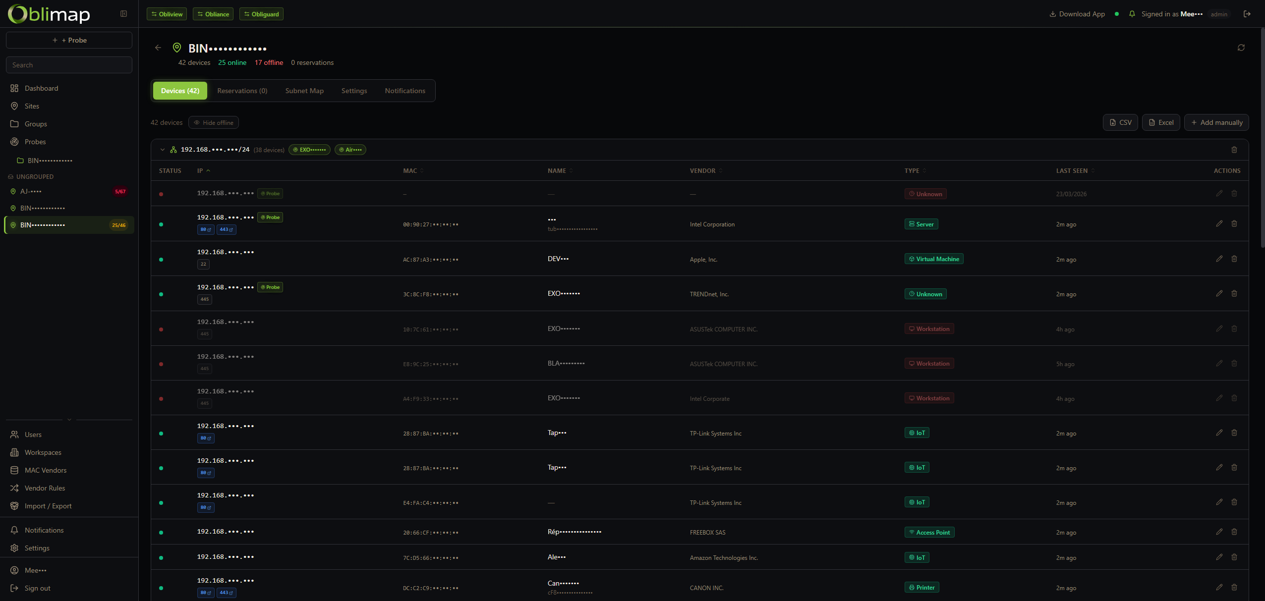 Oblimap devices — IPs, MACs, vendors, statuses