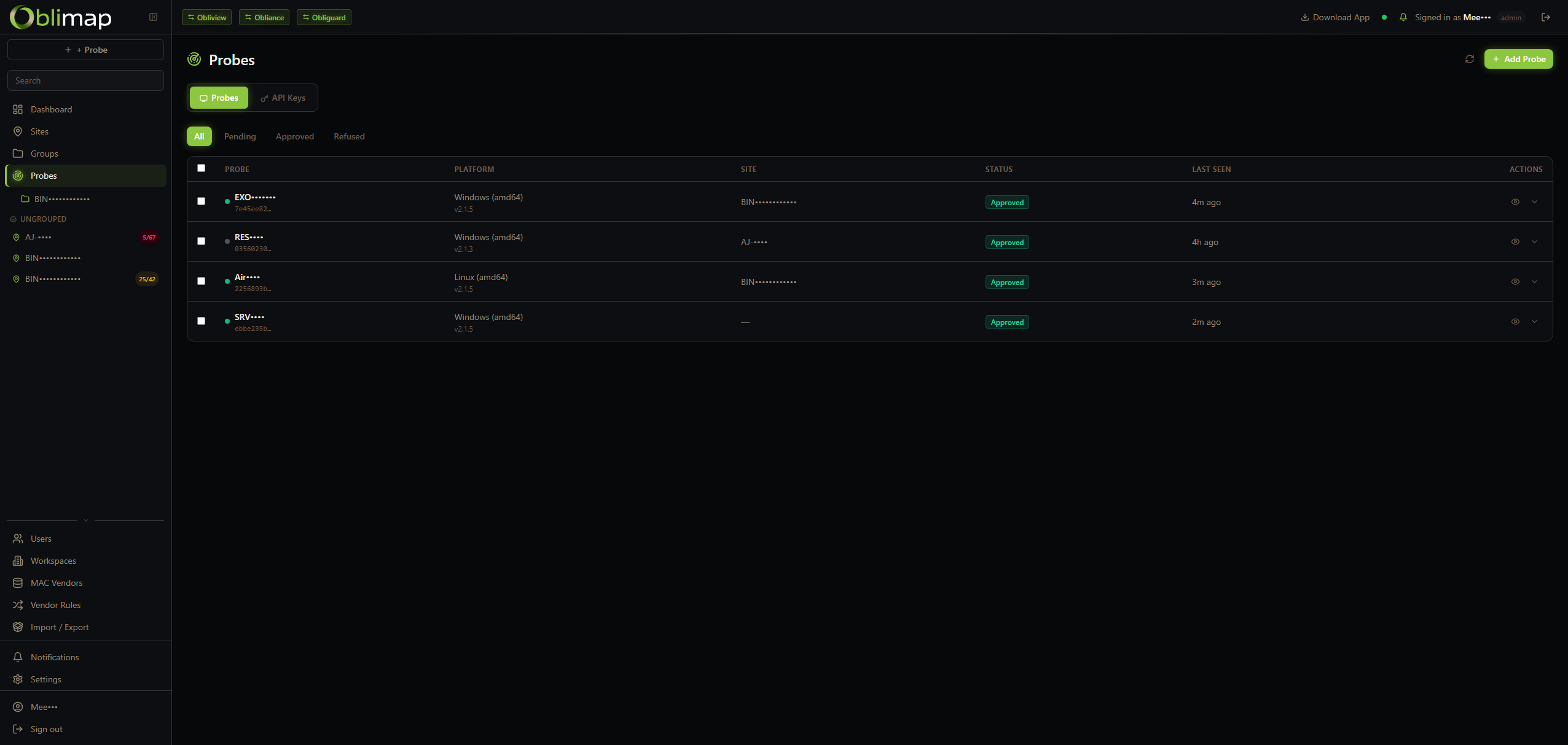 Oblimap probes list with OS and status